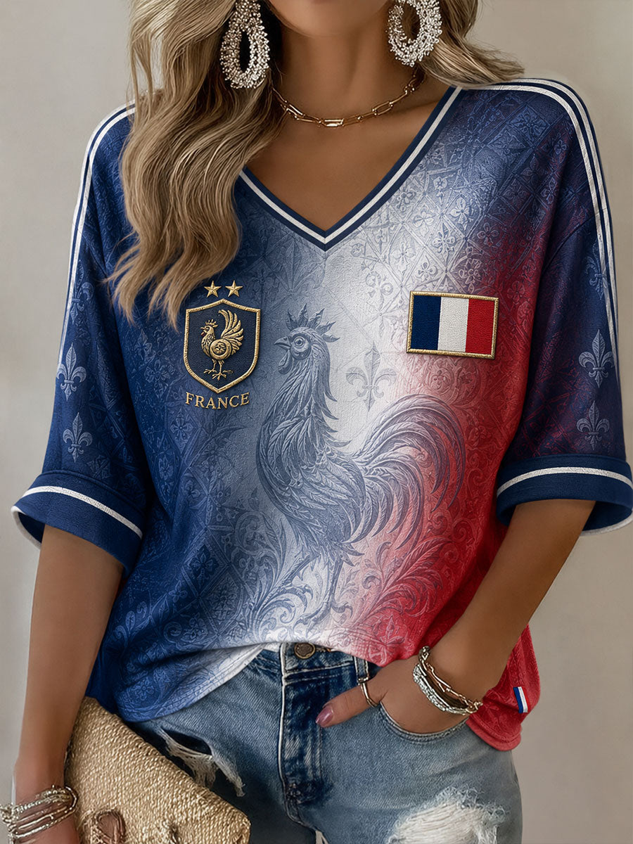 T-shirt femme France Football à manches mi-longues et col en V