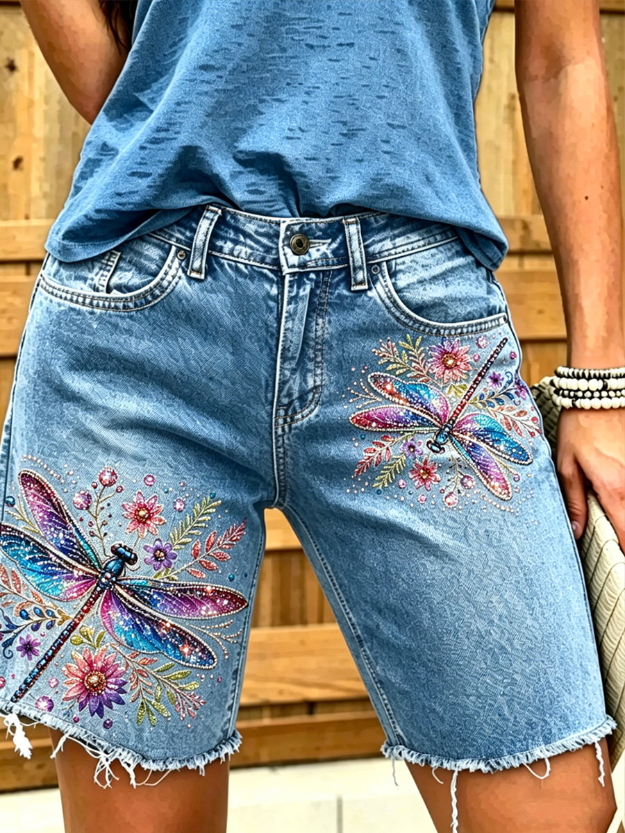 Jean court imprimé femme motif animal libellule