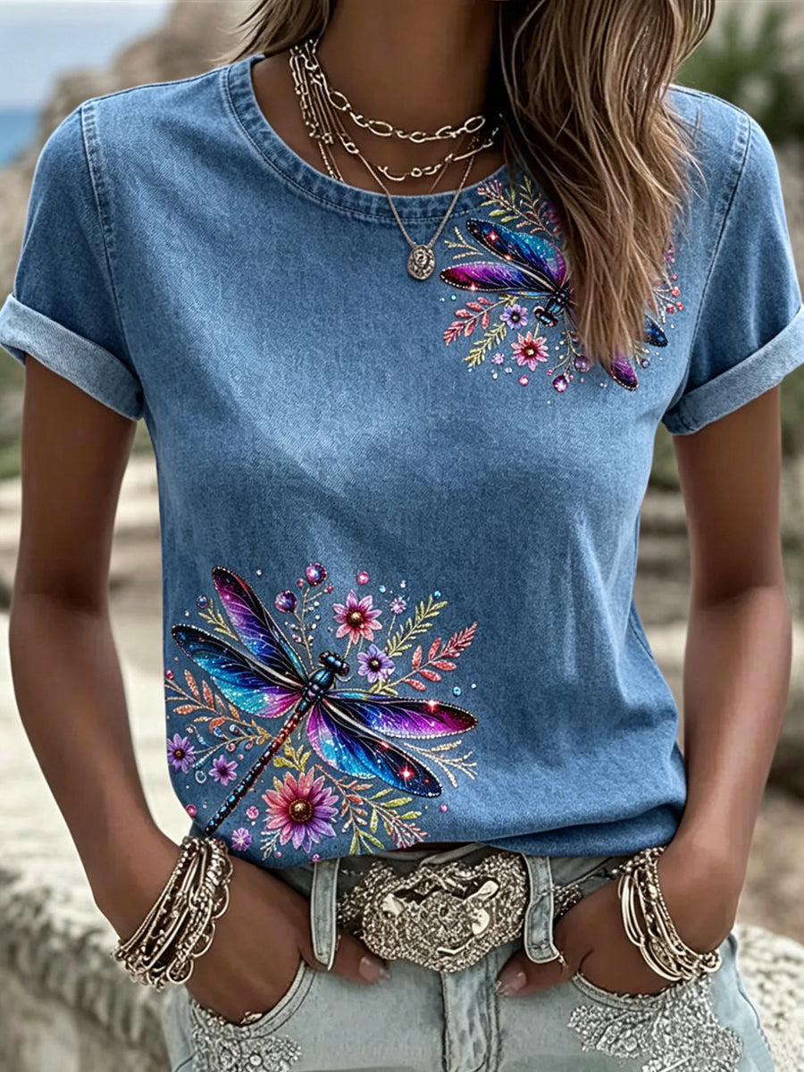 T-shirt femme à manches courtes, ample, à imprimé libellule, style vintage et tendance