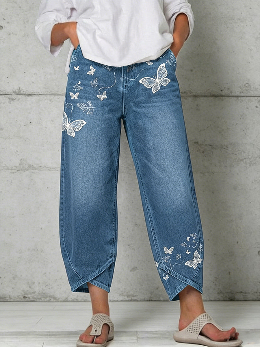 Pantalon pour femme à imprimé artistique papillon et animaux