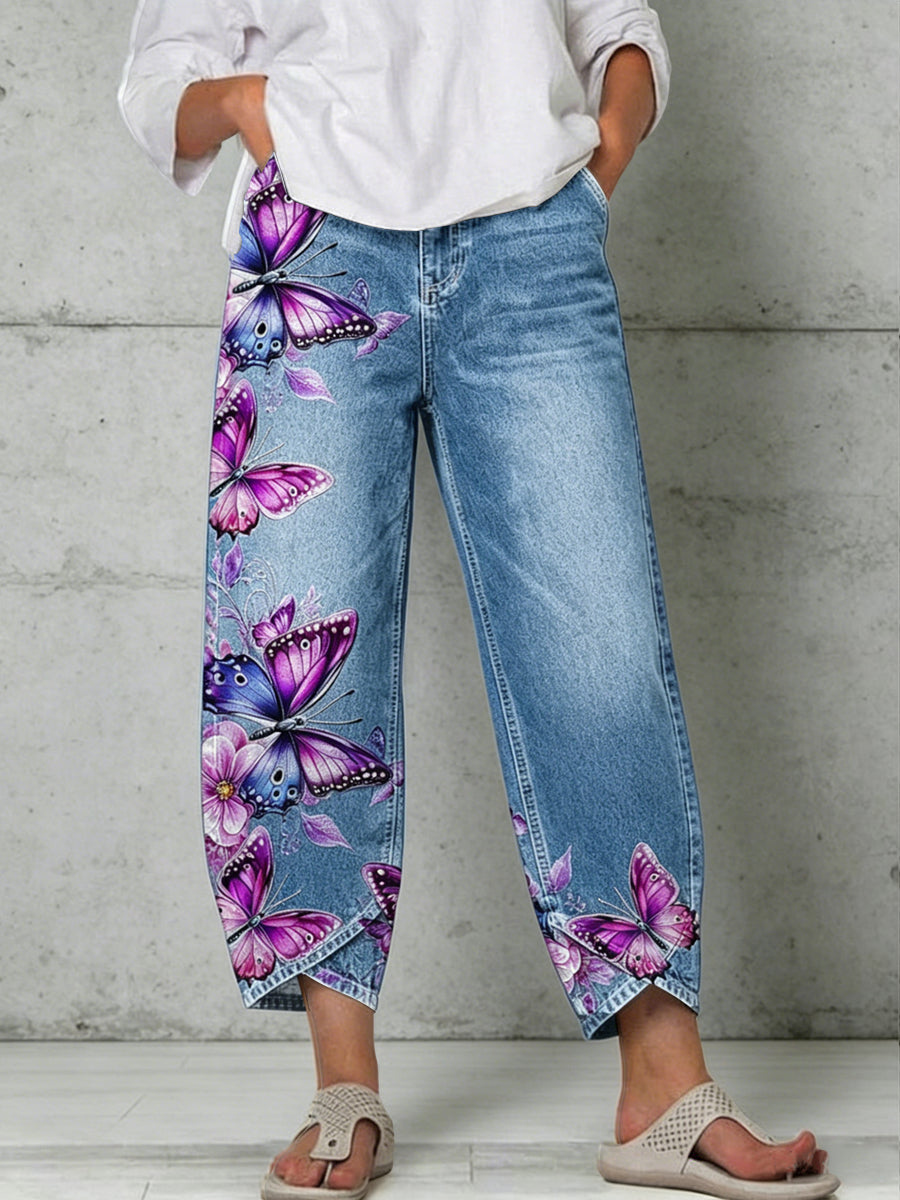 Pantalon pour femme à imprimé artistique papillon et animaux