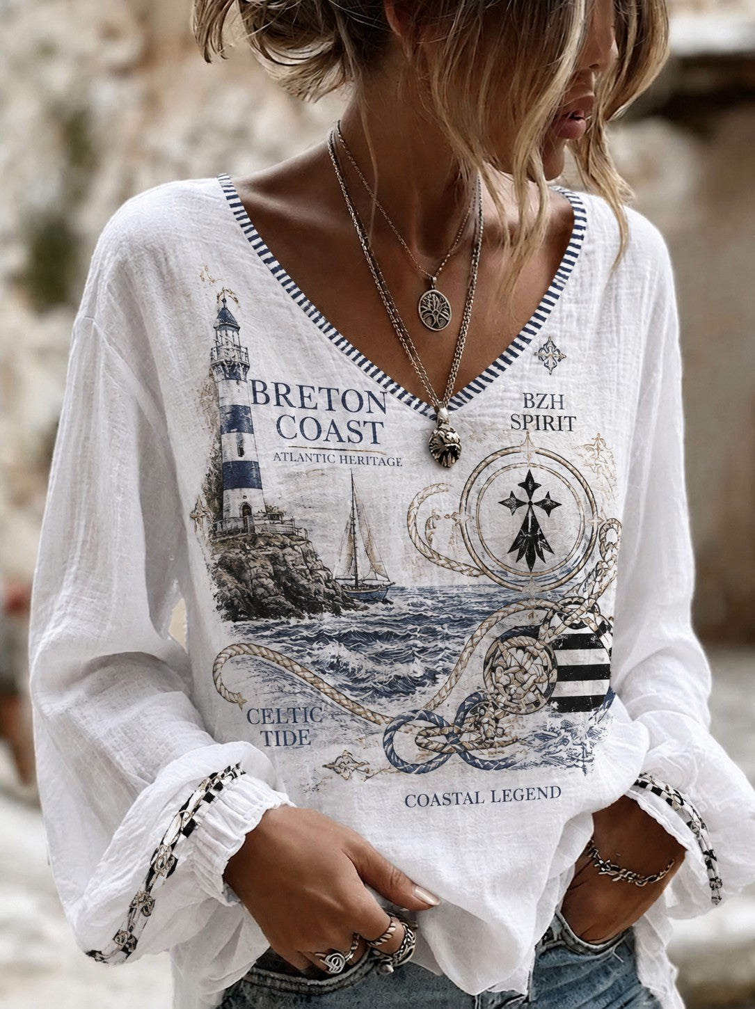 Chemise femme en coton-lin imprimé celte de Bretagne, France