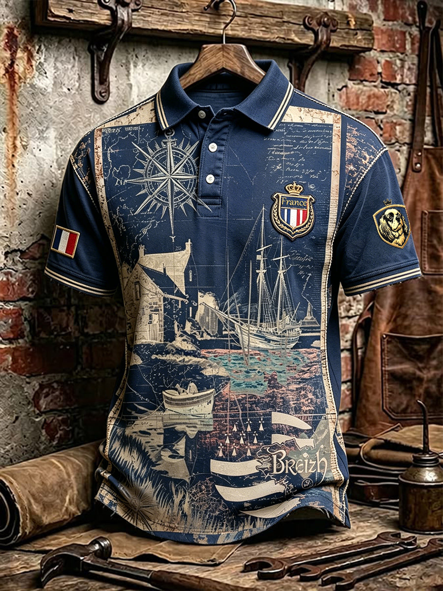 Polo décontracté pour homme, bleu vintage, imprimé breton français