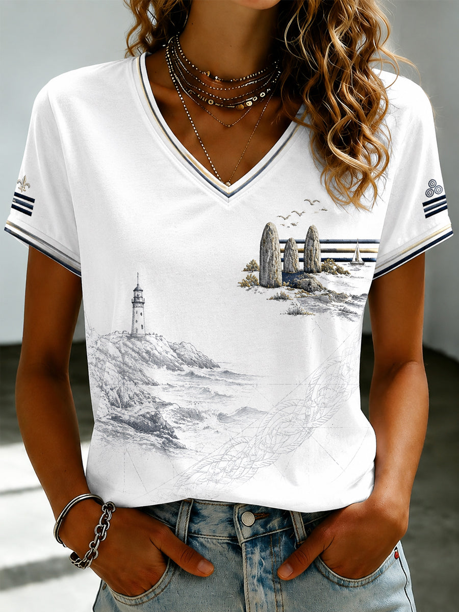 T-shirt à col en V imprimé celtique de Bretagne, pour femme