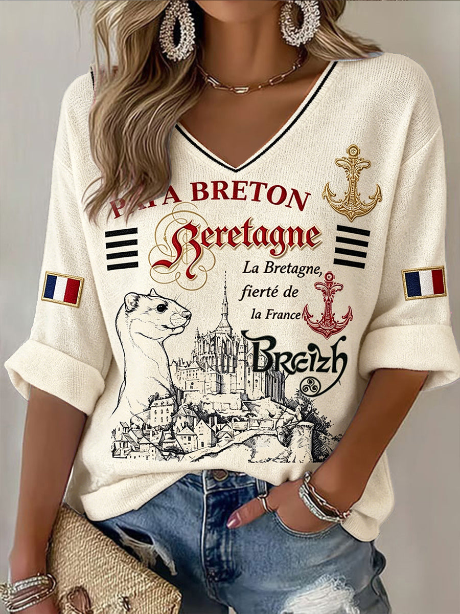 T-shirt femme à col en V, décontracté, imprimé vintage de Bretagne, Mont Saint-Michel