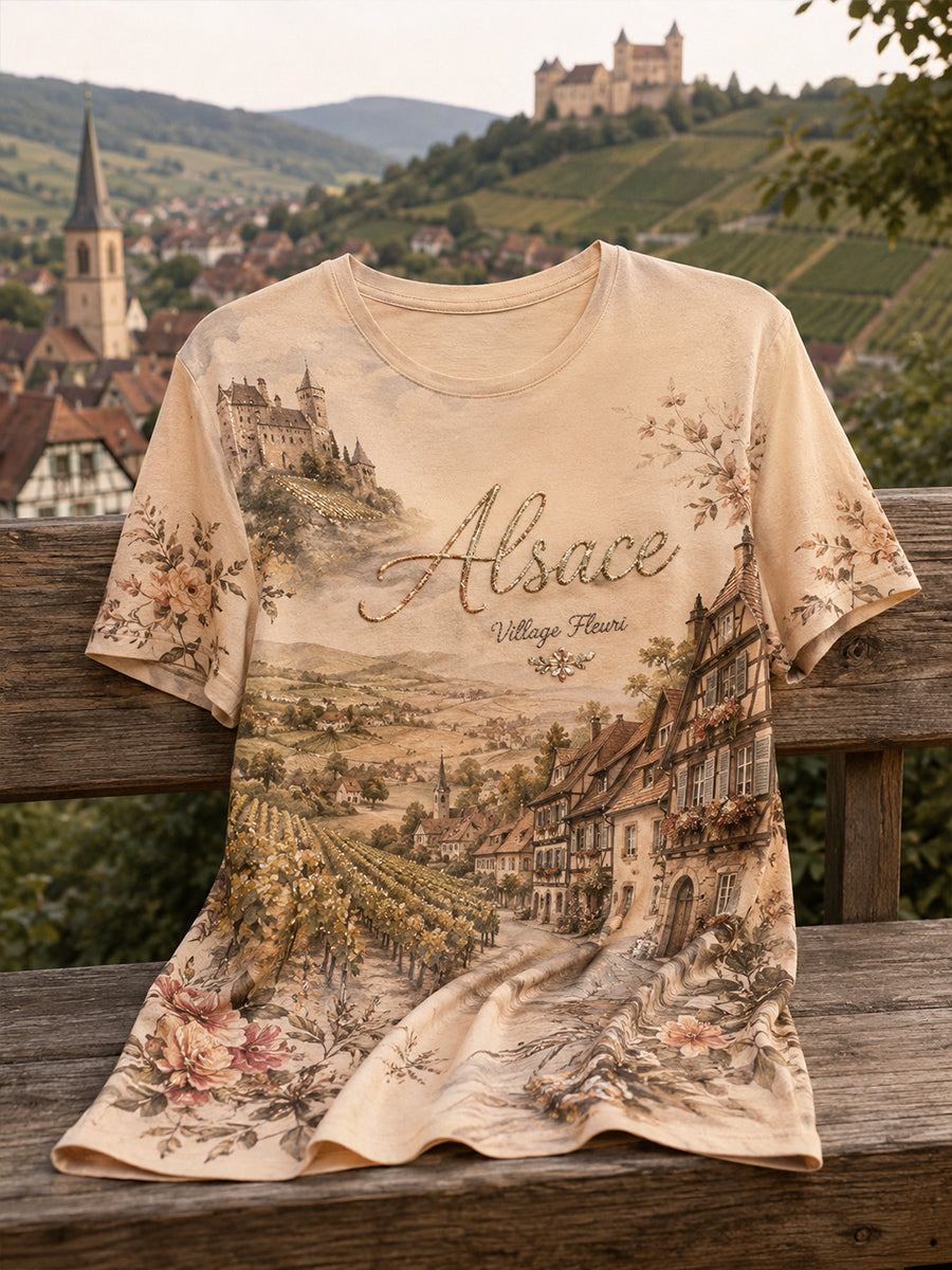T-shirt graphique pour femmes aux motifs de paysages d'Alsace, en français