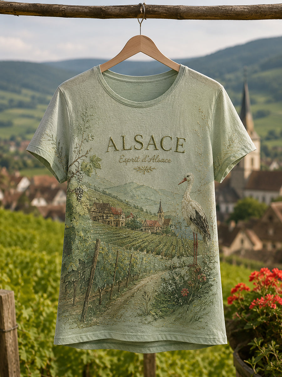 T-shirt graphique pour femmes aux motifs de paysages d'Alsace, en français