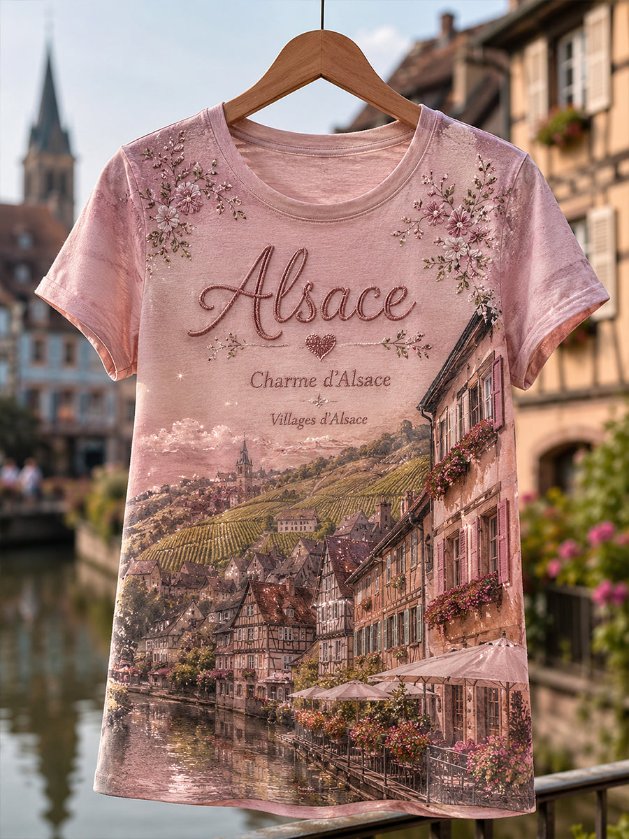 T-shirt graphique pour femmes aux motifs de paysages d'Alsace, en français