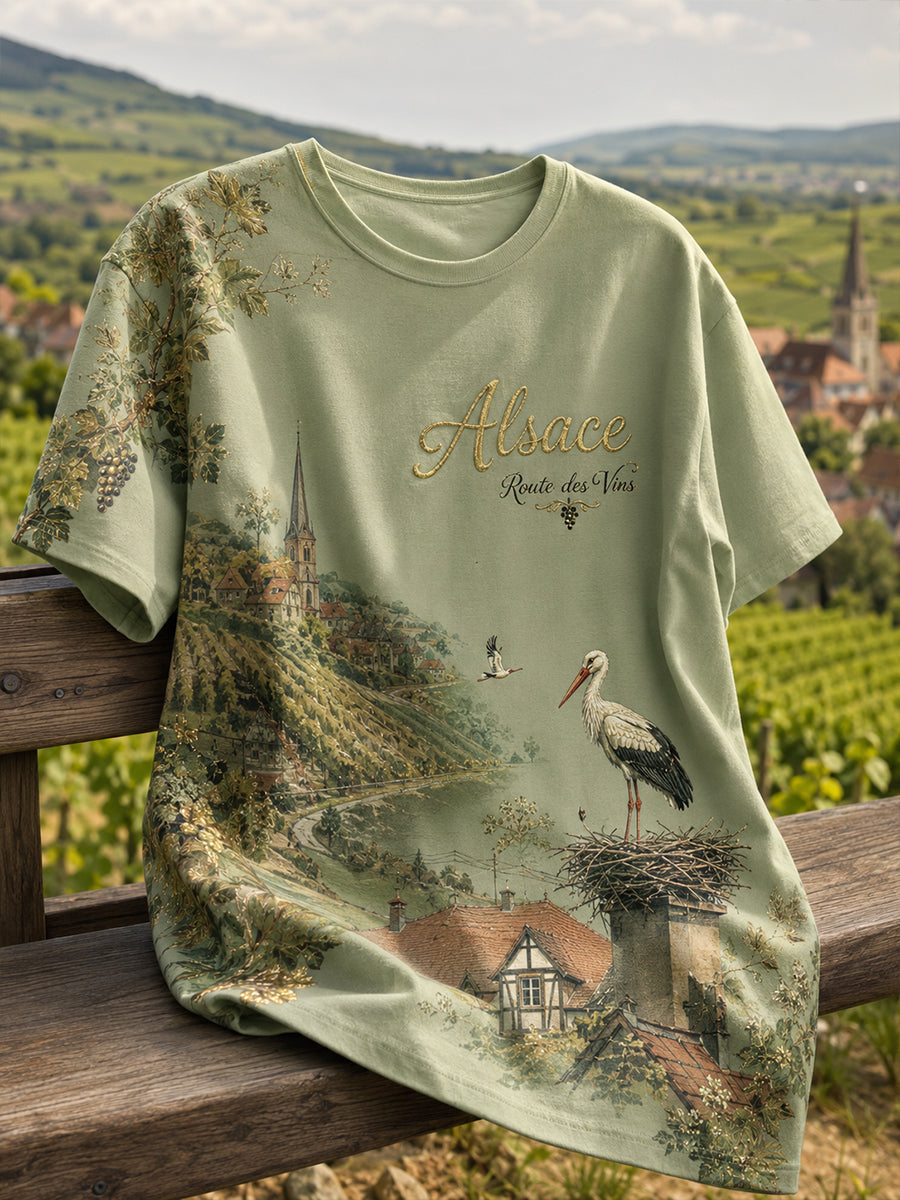 T-shirt graphique pour femmes aux motifs de paysages d'Alsace, en français