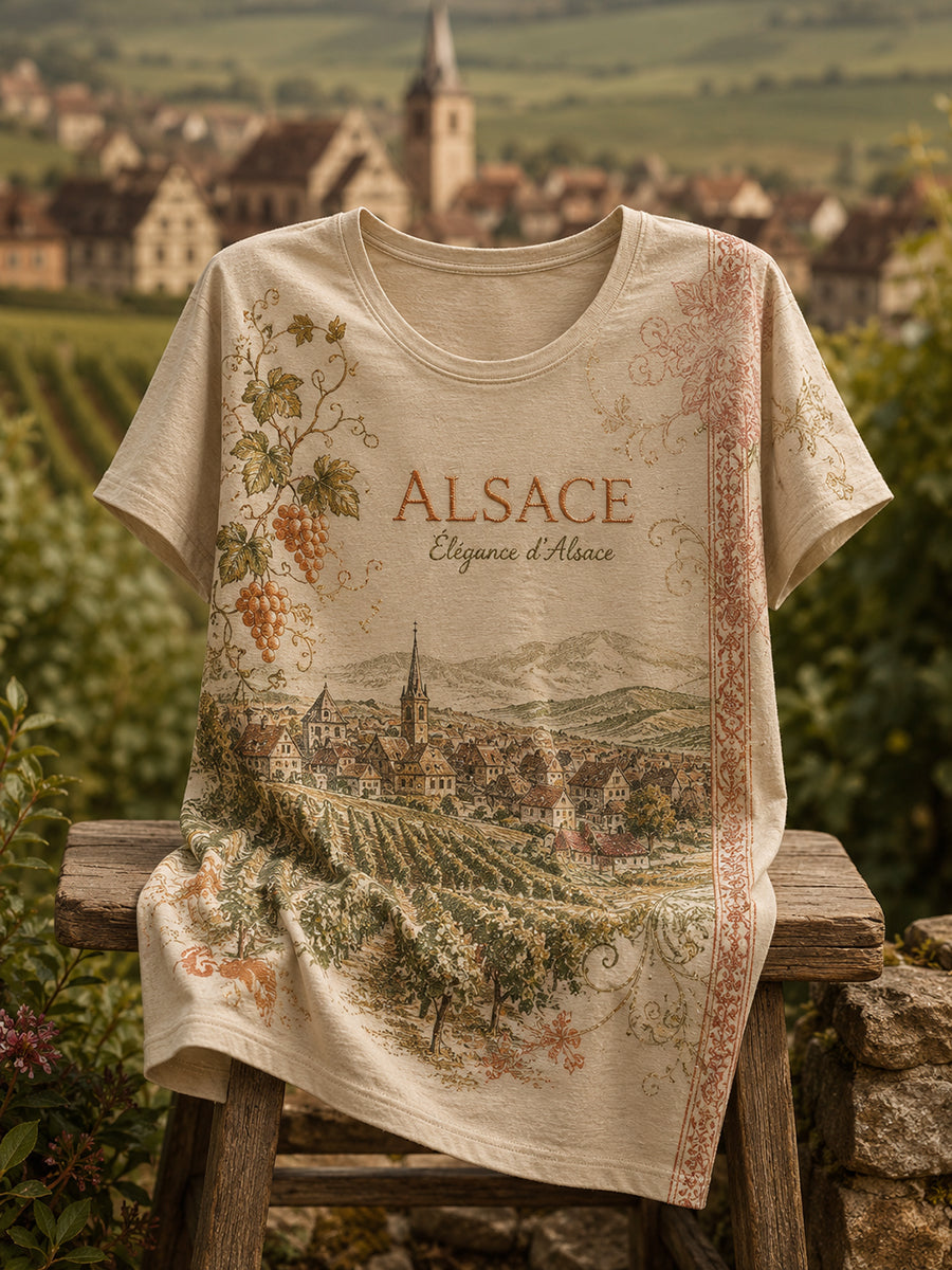 T-shirt graphique pour femmes aux motifs de paysages d'Alsace, en français