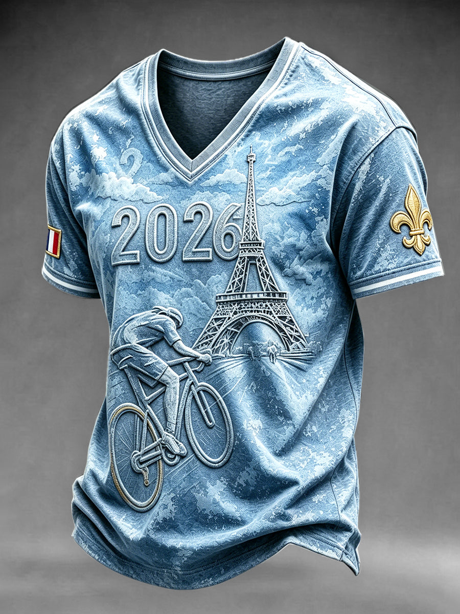 T-shirt à col en V Décontracté Tour de France 2026 Cycling Print Homme Bleu