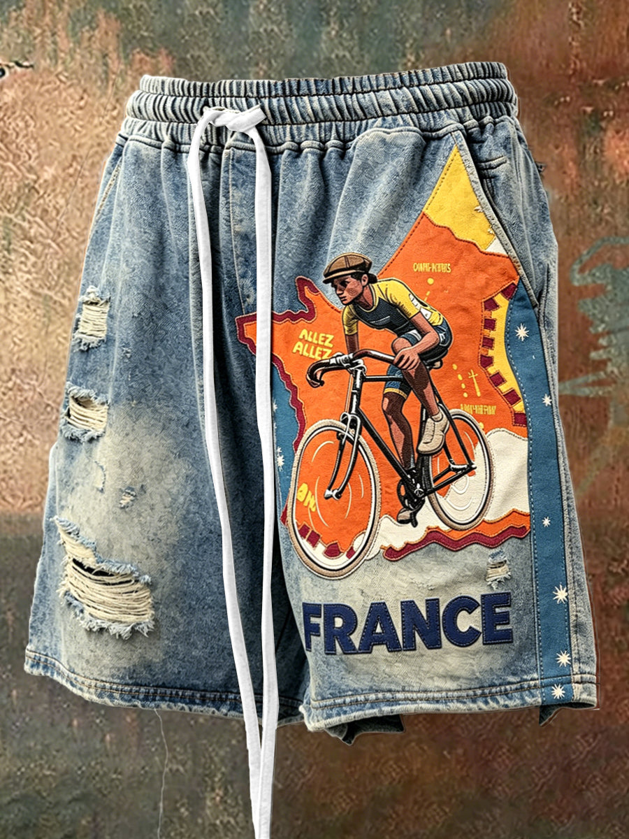 Short de cyclisme décontracté imprimé en détresse inspiré du Tour de France pour homme