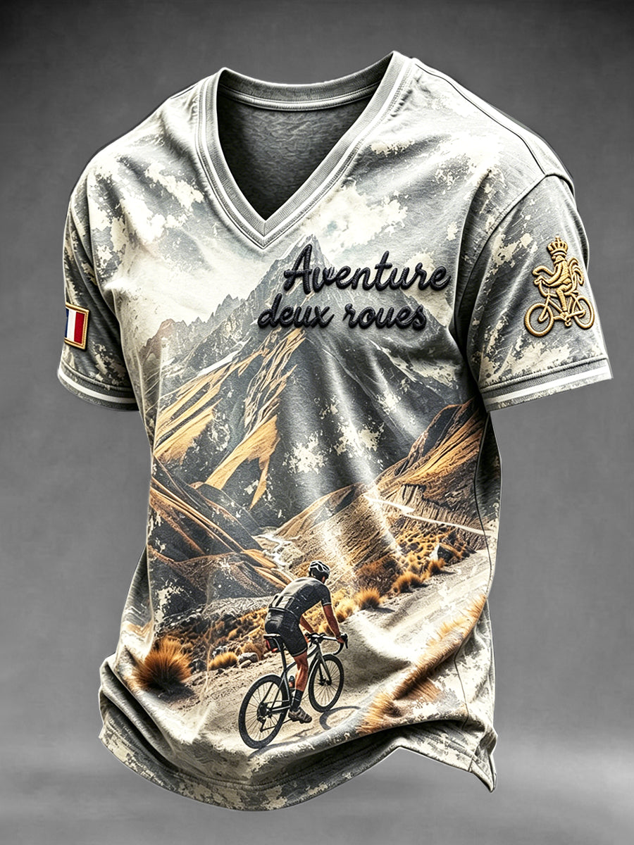T-shirt à col en V à imprimé mode décontracté Tour de France pour hommes