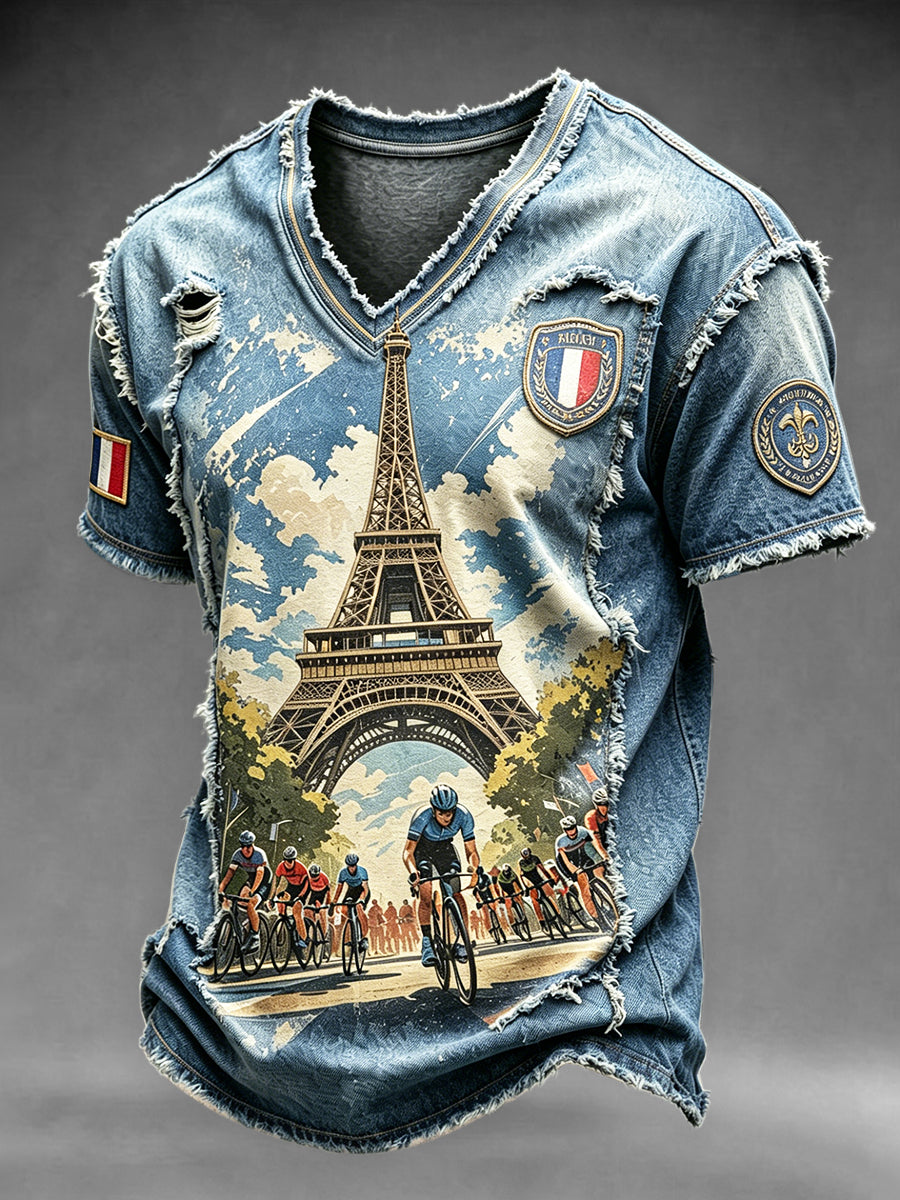 T-shirt décontracté à col en V pour homme, imprimé denim d’inspiration cycliste Tour de France