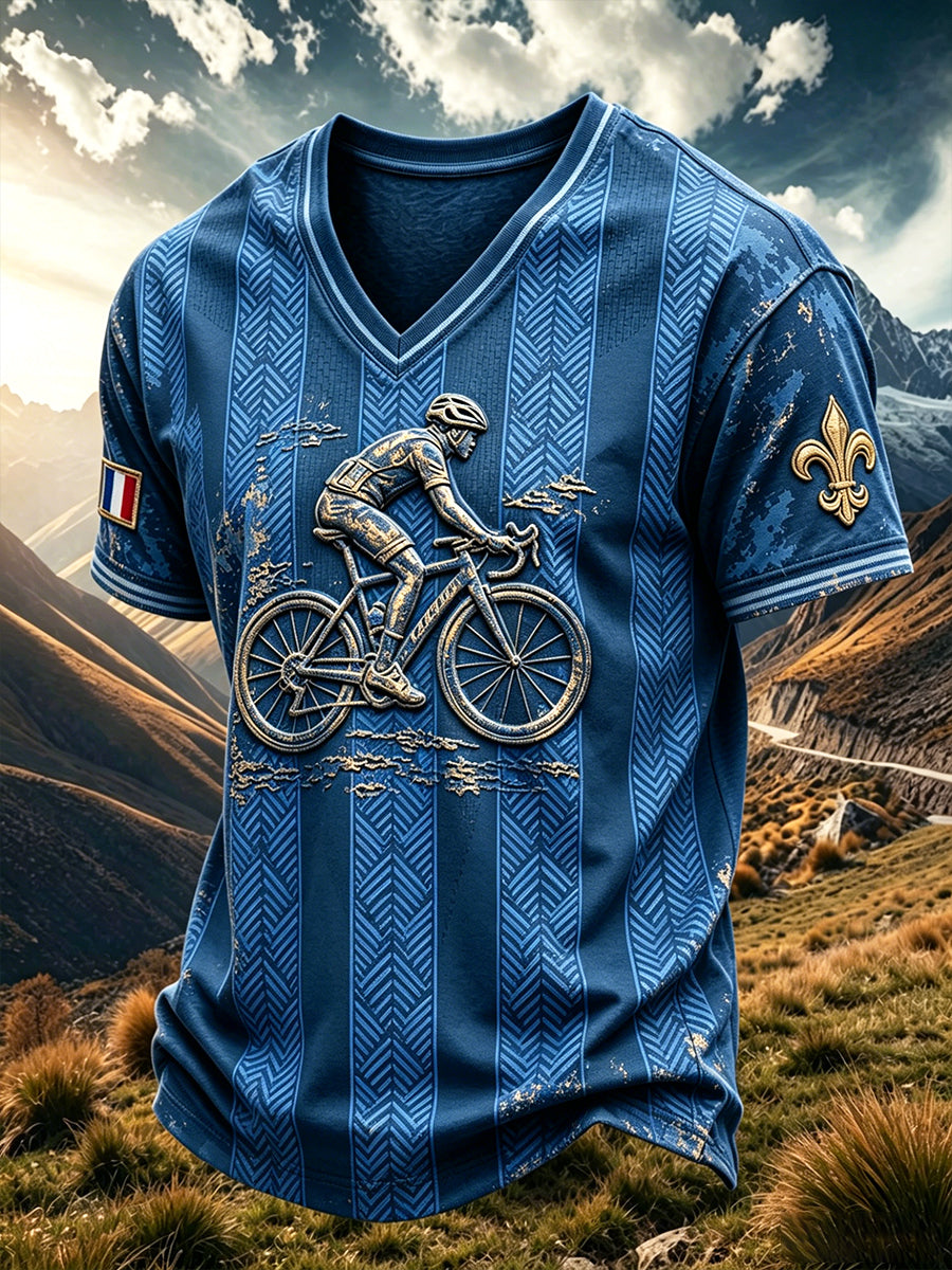 T-shirt décontracté à col en V Tour de France imprimé bleu pour homme