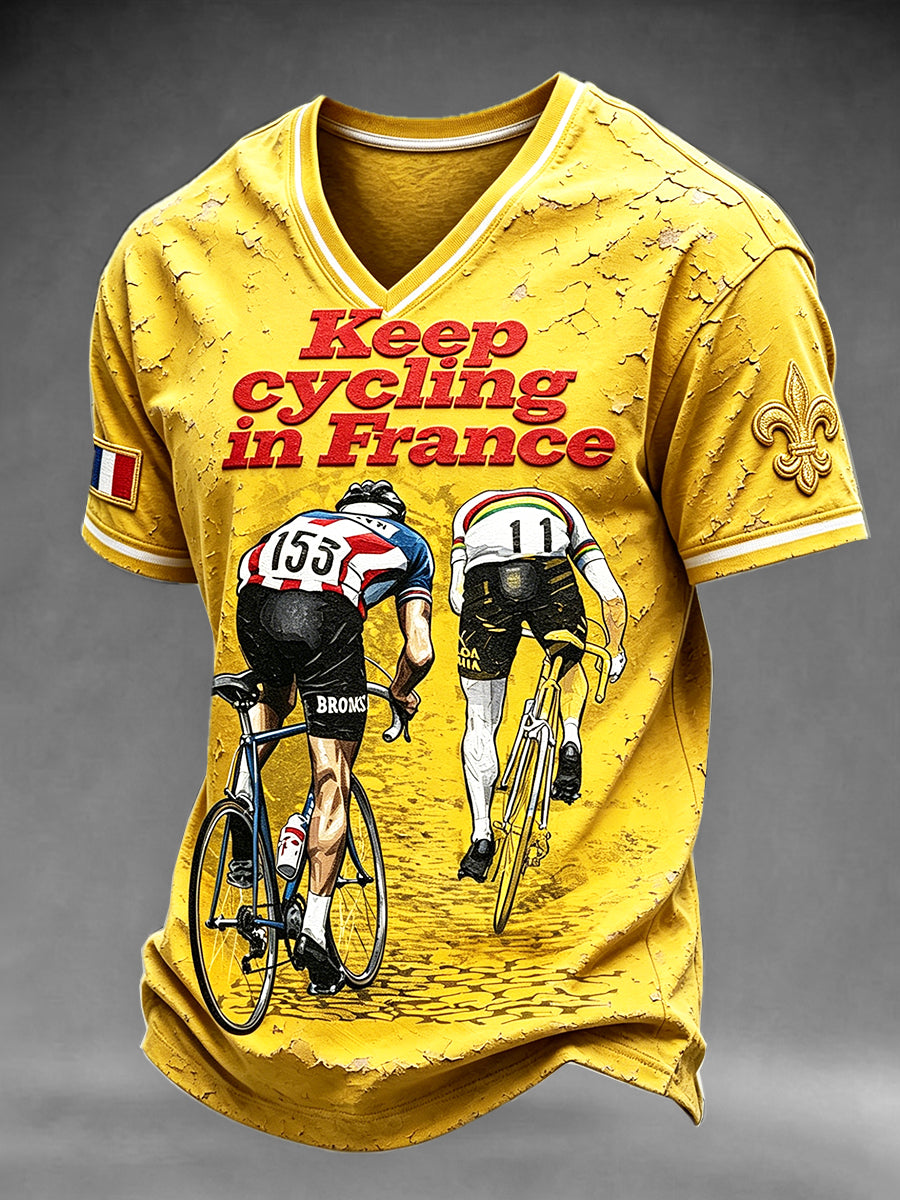 T-shirt Homme Jaune Tour de France Cyclisme Imprimé Décontracté Col V