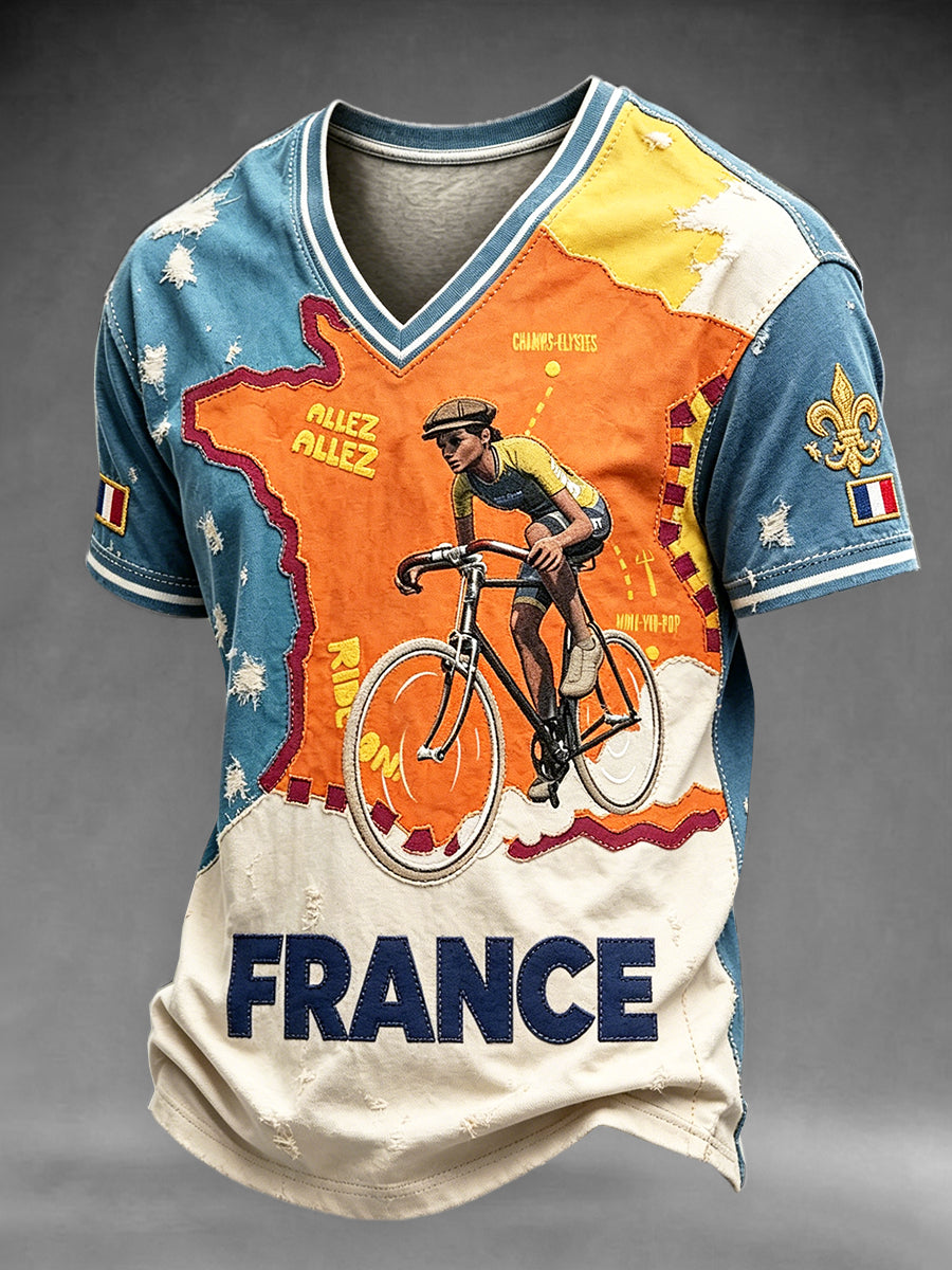 T-shirt à col en V à imprimé denim inspiré du cyclisme French Tour de Tour pour homme