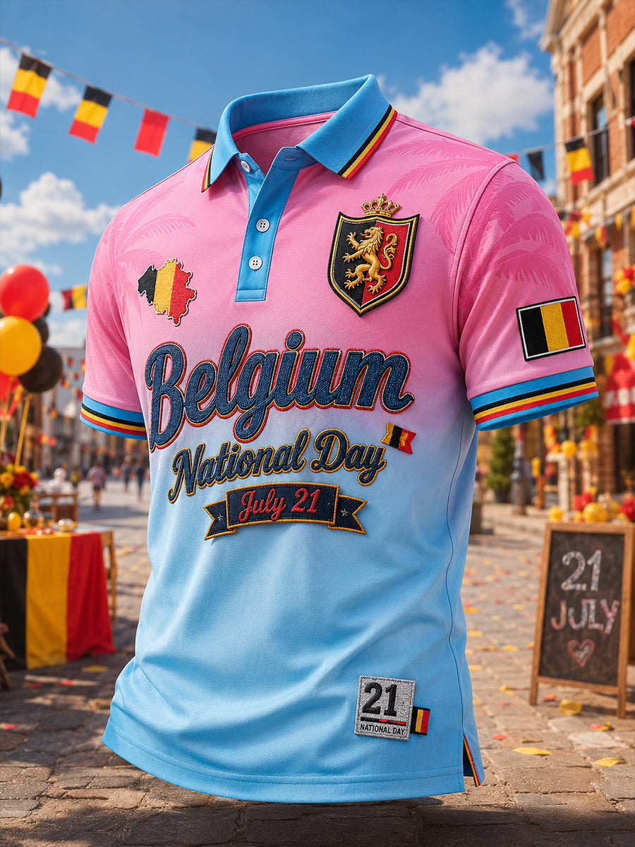 T-shirt polo décontracté avec impression artistique rétro de célébration de la Fête nationale belge