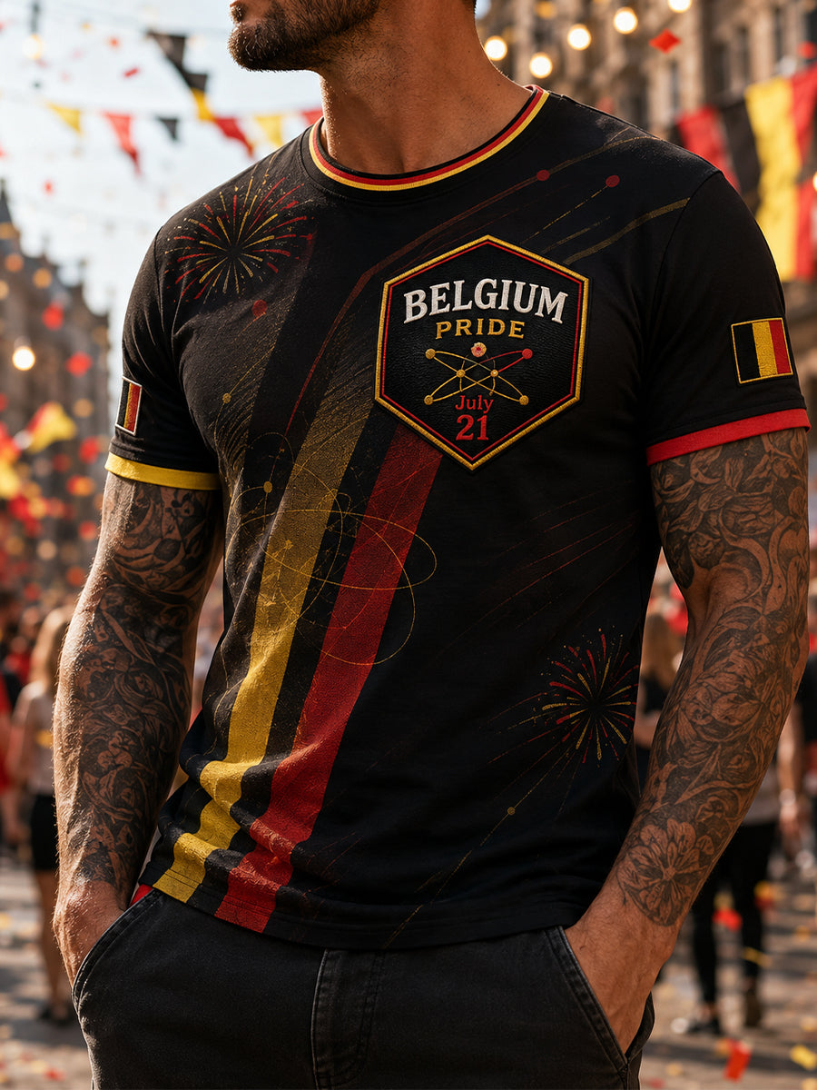 T-shirt de vêtements de fête nationale belge rétro Art Print Casual