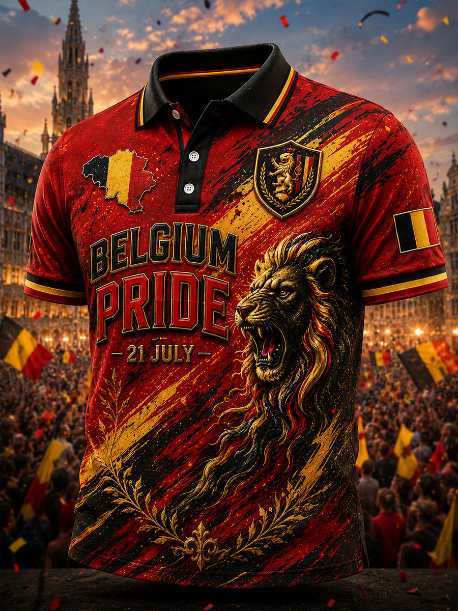 T-shirt polo décontracté avec impression artistique rétro de célébration de la Fête nationale belge