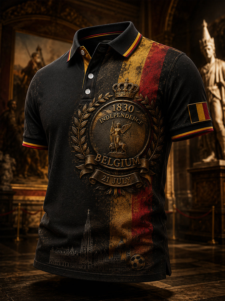 T-shirt polo décontracté avec impression artistique rétro de célébration de la Fête nationale belge