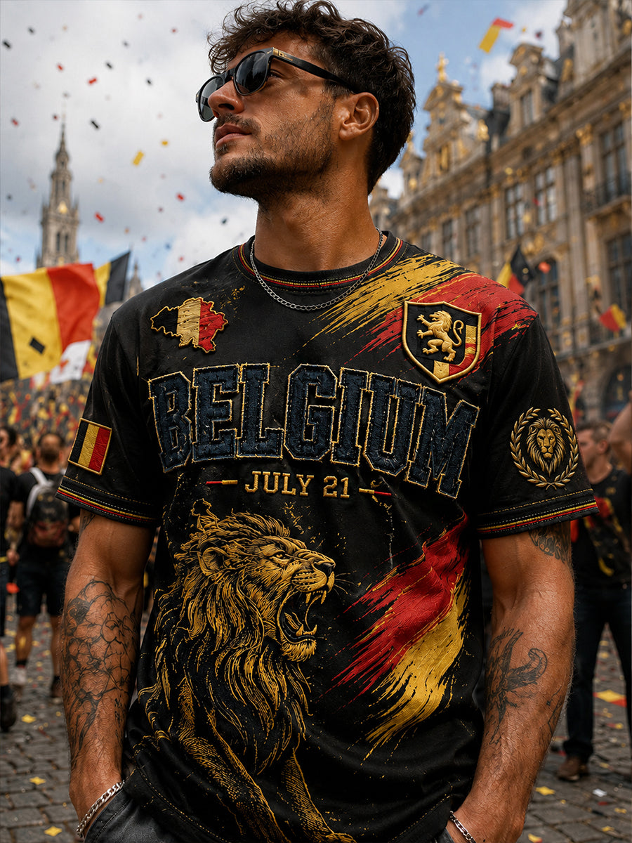 Affiche artistique rétro de célébration de la Fête nationale belge, t‑shirt décontracté pour l’extérieur