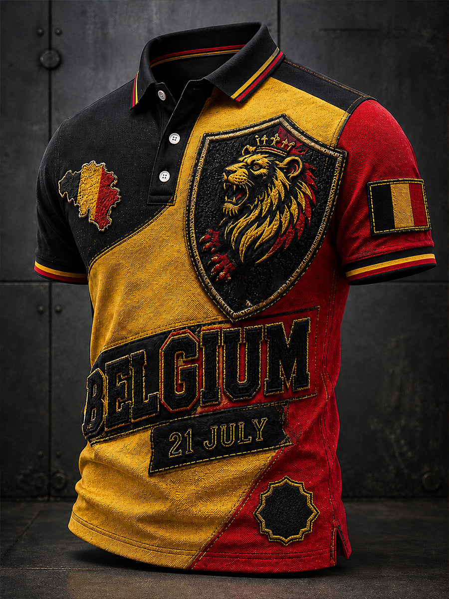 T-shirt polo décontracté avec impression artistique rétro de célébration de la Fête nationale belge