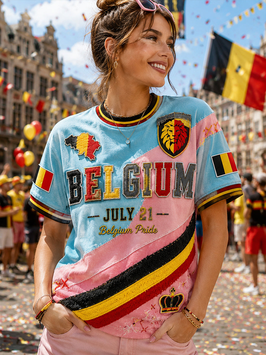 Affiche artistique rétro de célébration de la Fête nationale belge, t‑shirt décontracté pour l’extérieur