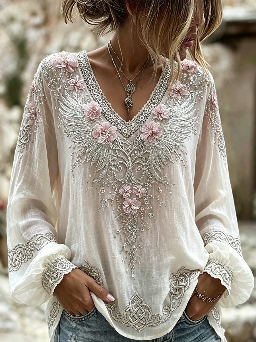 Vintage Vinking Ailes celtiques Floral Art Print coton-lin chemise des femmes