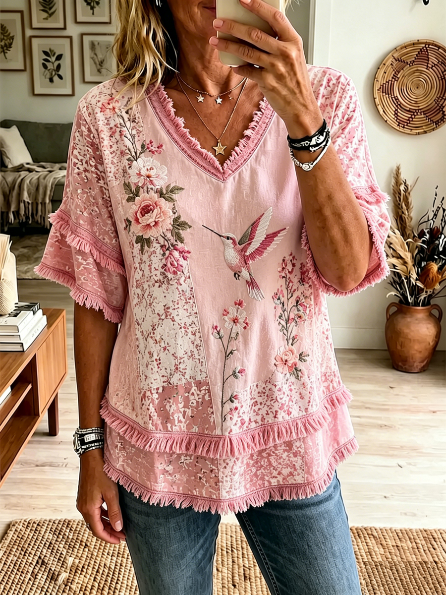 Chemise femme en coton-lin à imprimé floral botanique rose