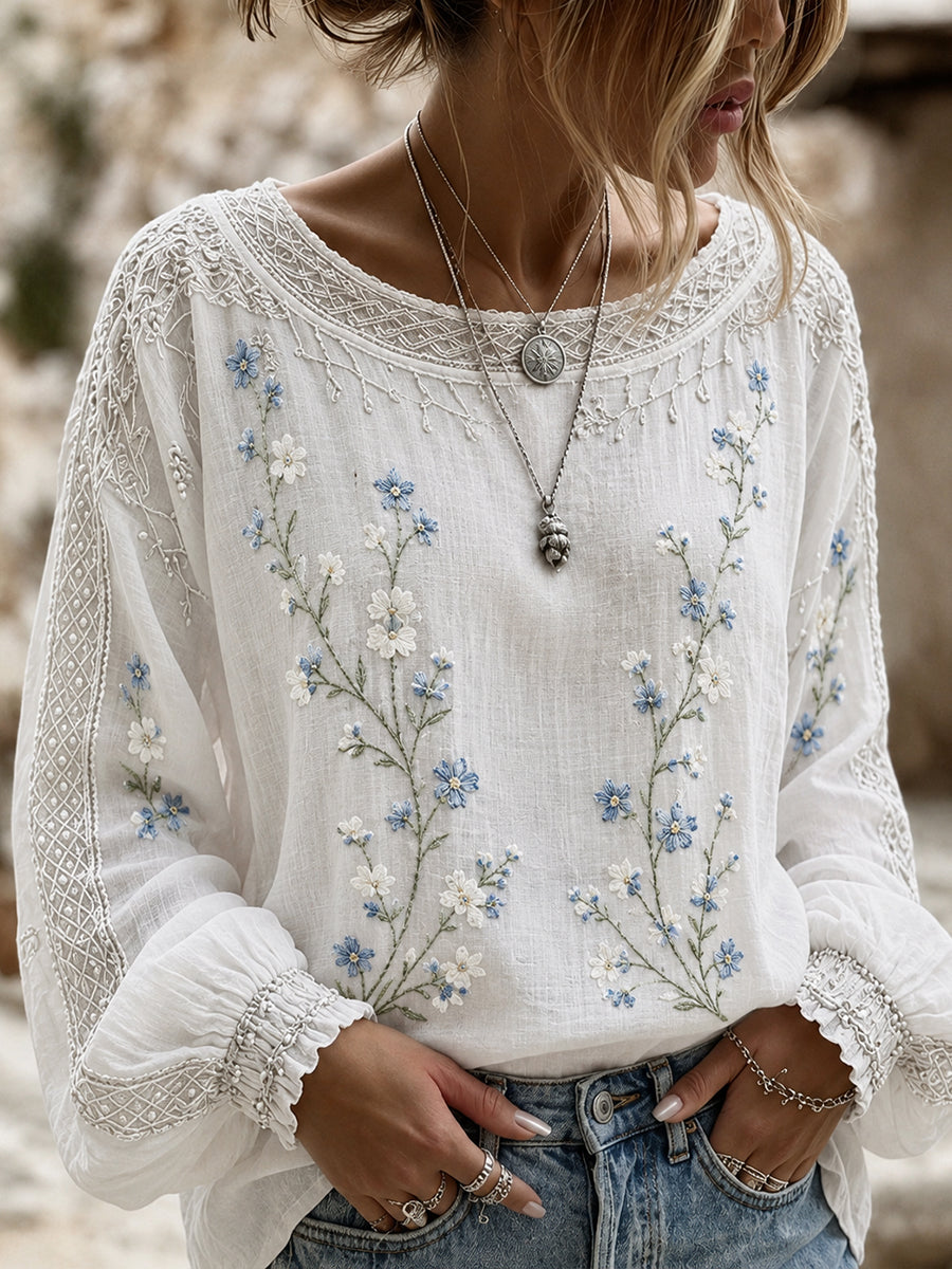 Haut Décontracté Femme Vintage Floral Art Print Coton-Lin