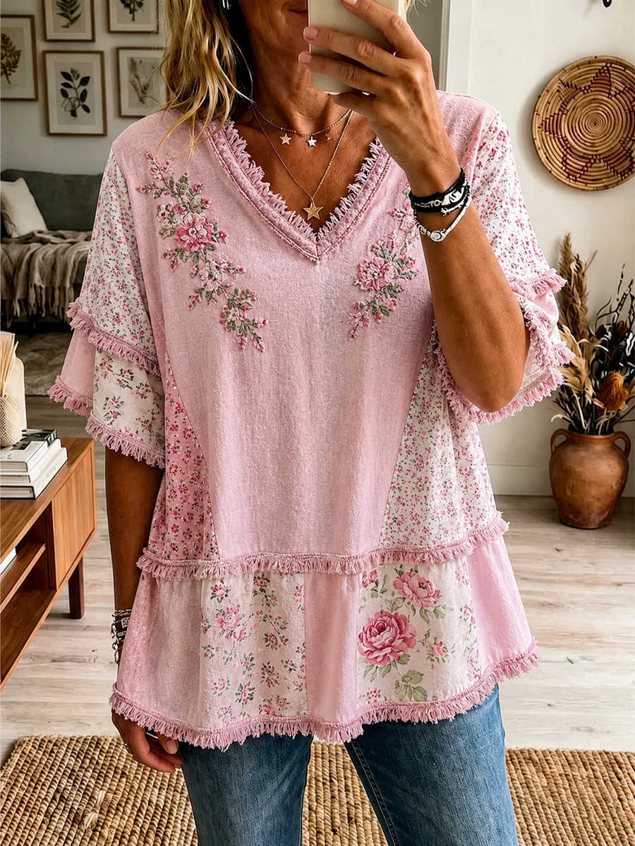 Chemise Femme Rose Imprimé Floral Botanique Coton-Lin