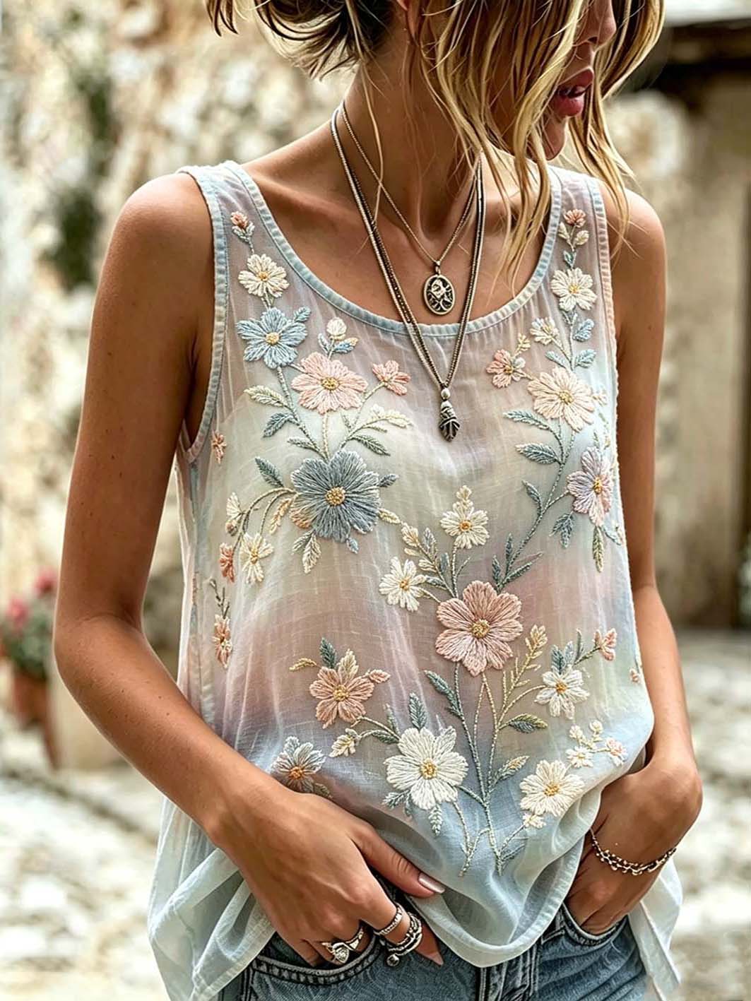 Gilet décontracté imprimé en coton et lin à motif floral pour femme