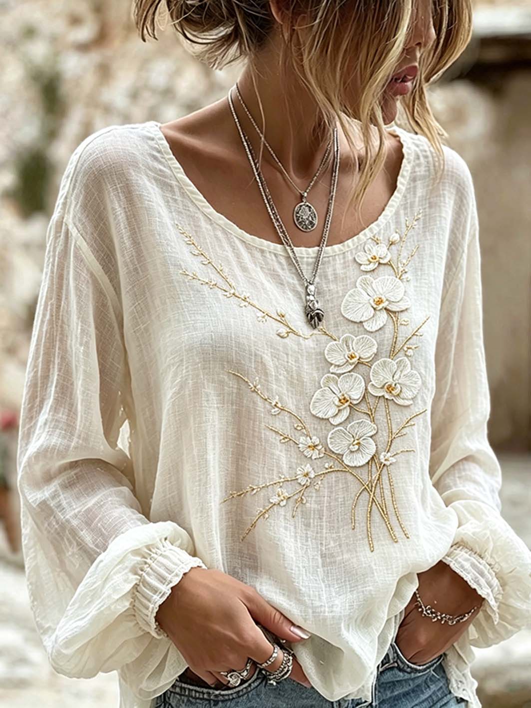 Chemise décontractée en coton et lin à imprimé fleuri pour femme