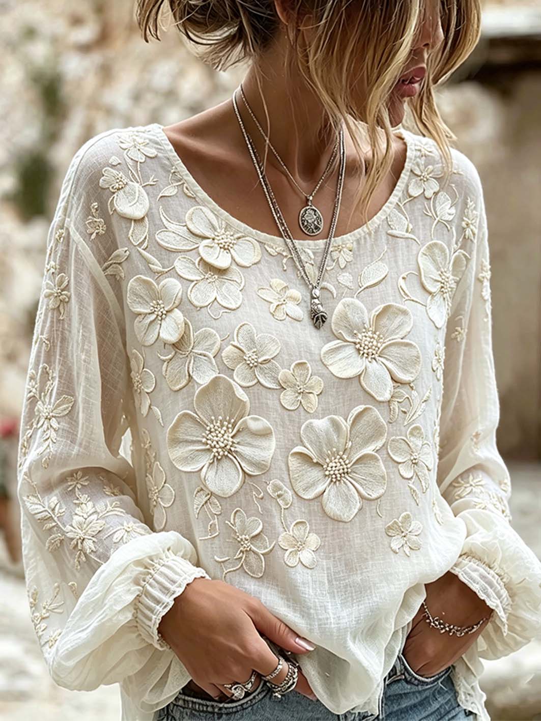 Chemise en coton et lin à imprimé floral pour femme