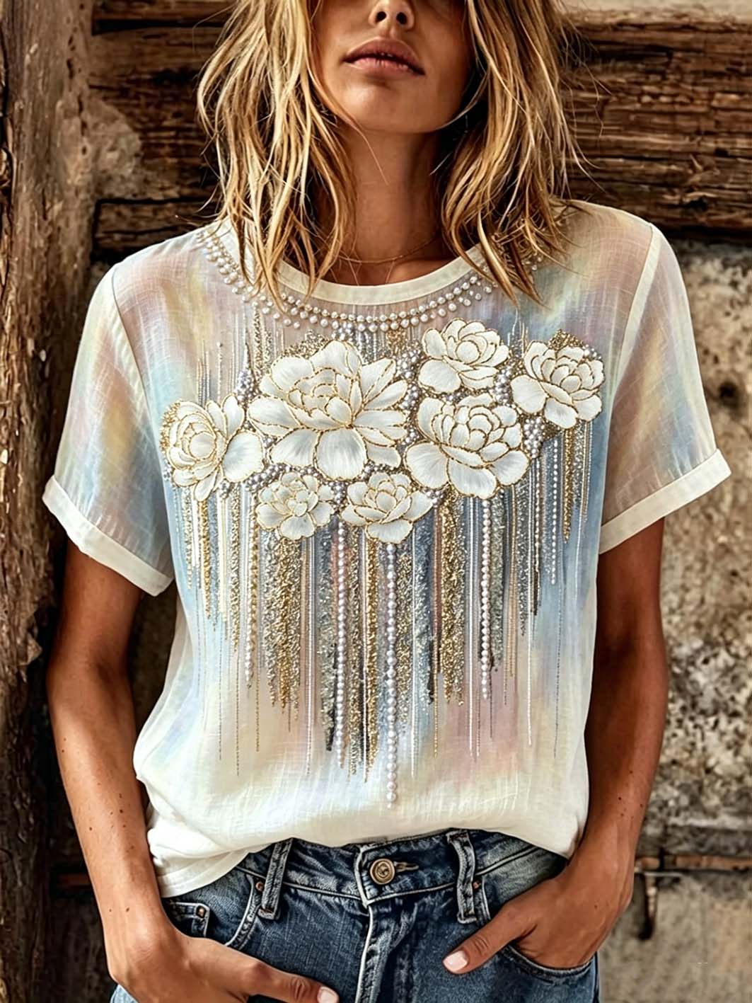 T-shirt femme à manches courtes en coton et lin imprimé à motif de fleurs