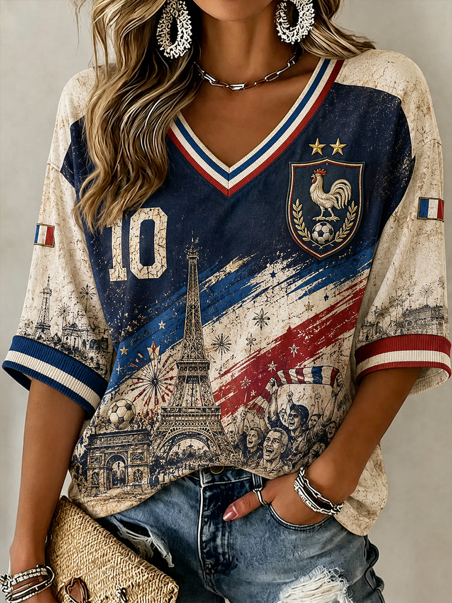 Chemise en lin à col V pour femme, motif France Football
