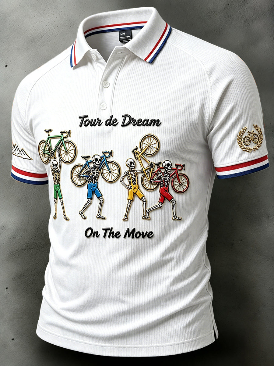 Polo décontracté pour homme, blanc, motif 3D de squelette du Tour de France, cyclisme français