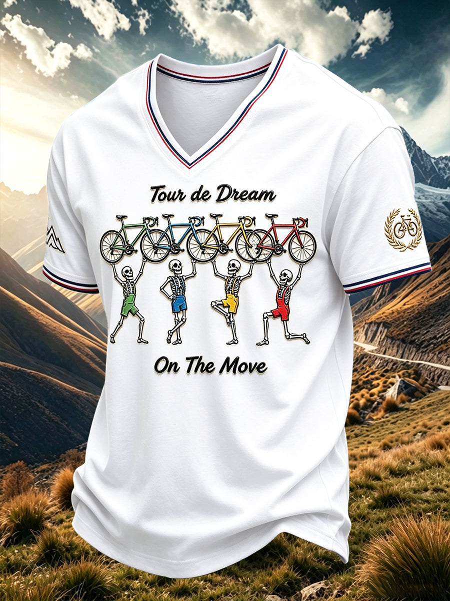 T-shirt décontracté à col en V pour homme, blanc, imprimé 3D Tour de France
