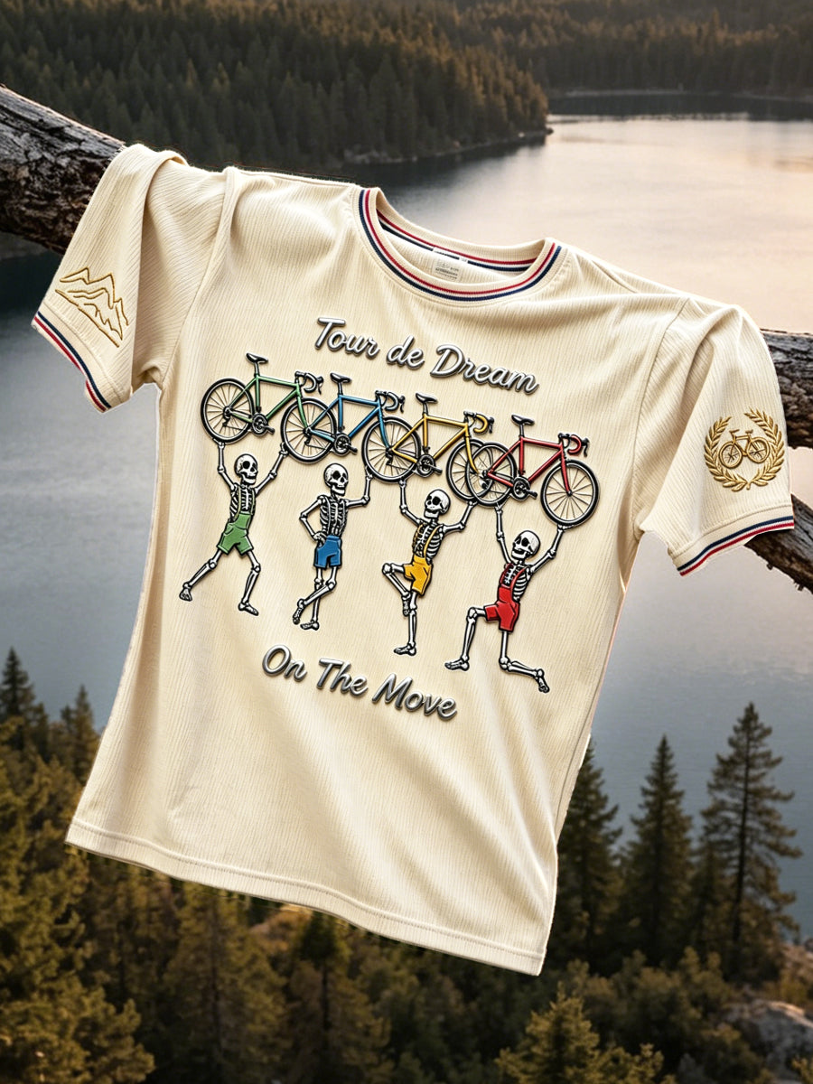 T-shirt décontracté pour homme, style vintage, blanc cassé, avec imprimé 3D de crâne et Tour de France