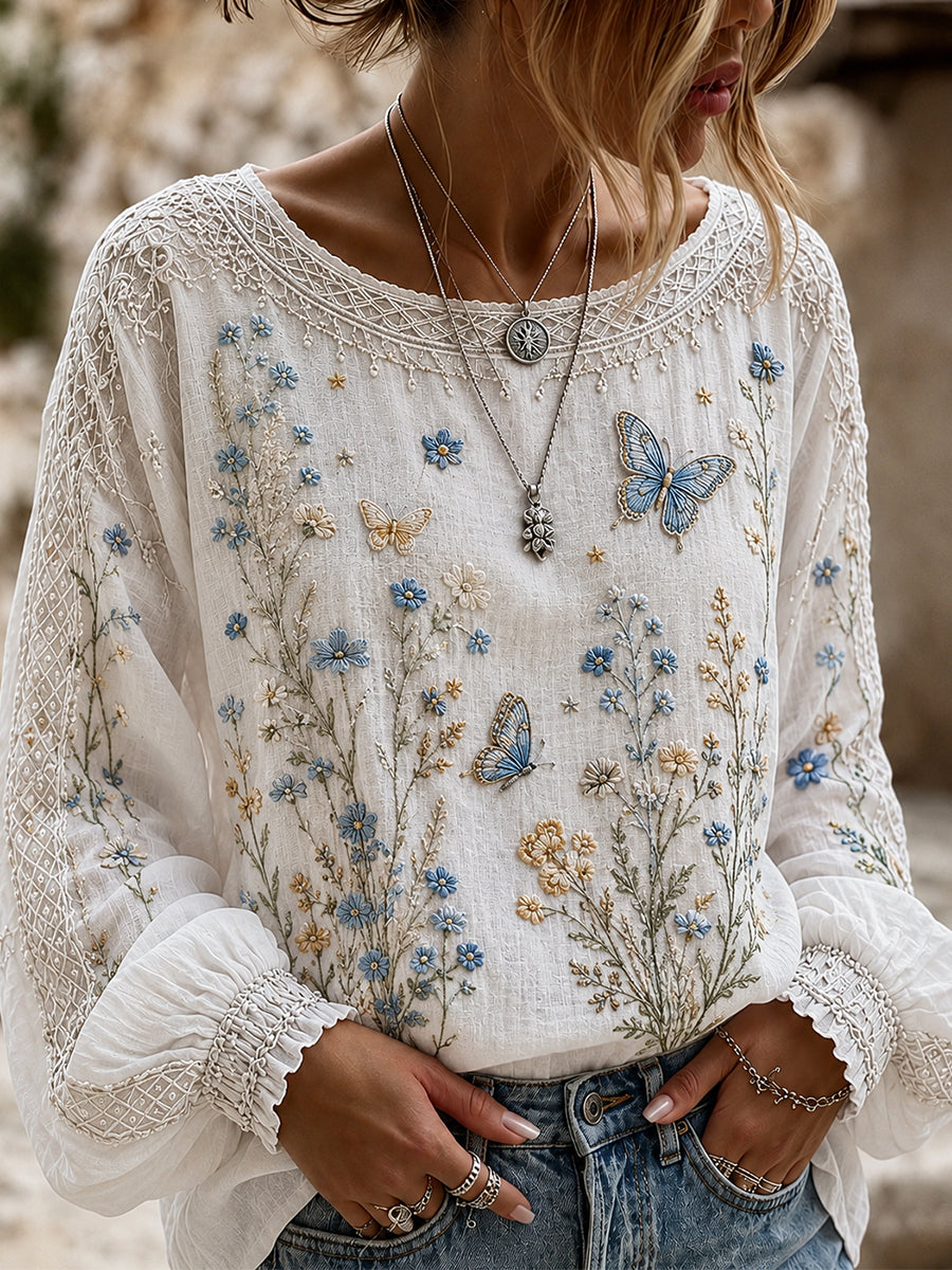 Haut décontracté en coton-lin pour femme, imprimé floral vintage
