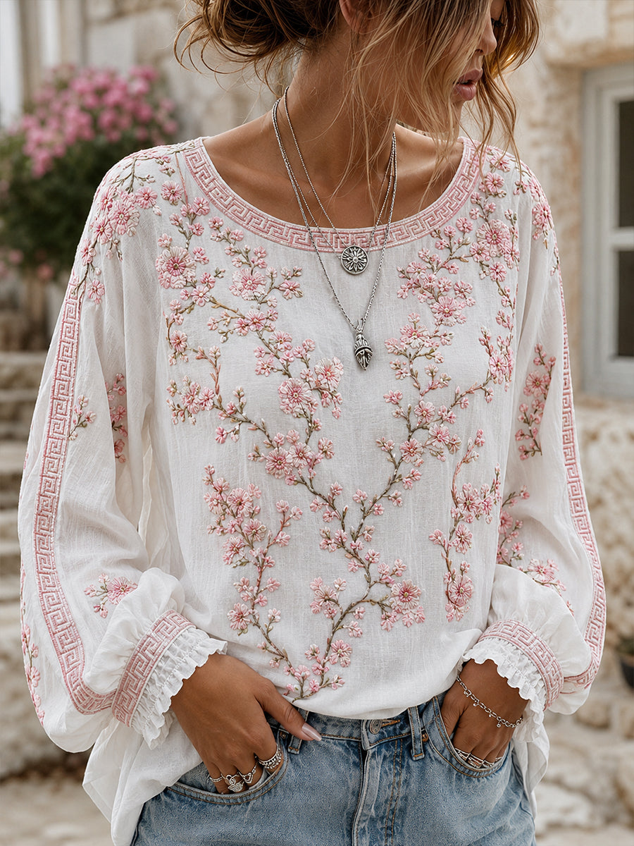 Haut décontracté en coton-lin pour femme, imprimé floral vintage