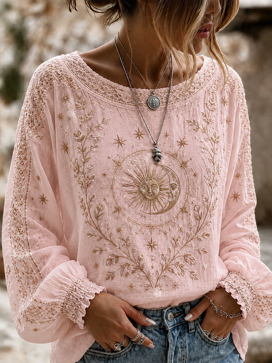 Haut décontracté en coton-lin pour femme, imprimé floral vintage