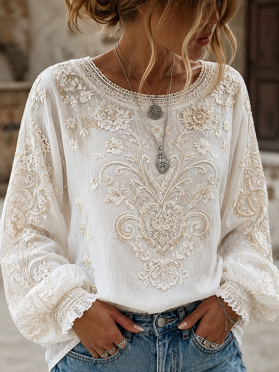 Haut décontracté en coton-lin pour femme, imprimé floral vintage