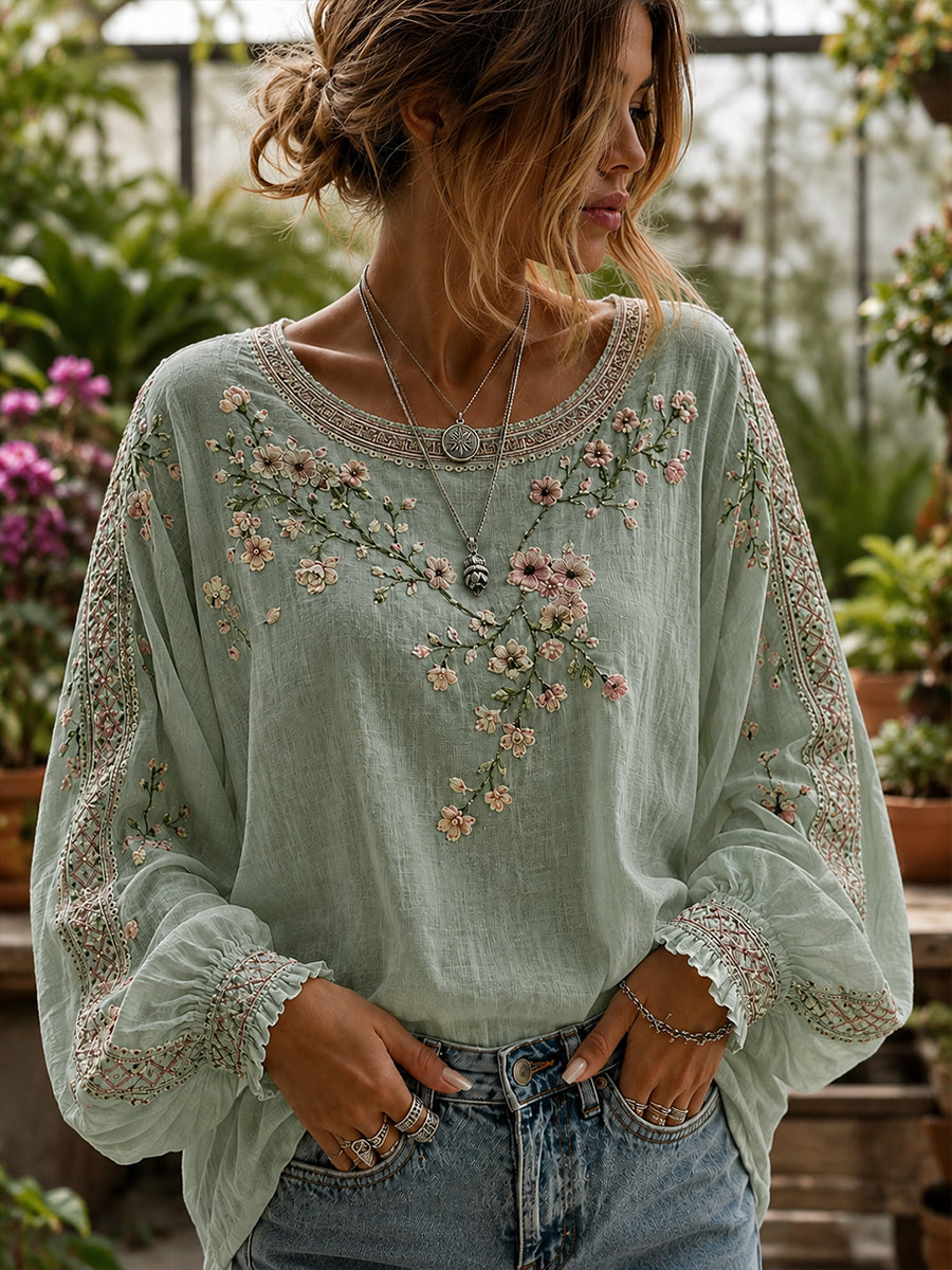 Haut décontracté en coton-lin pour femme, imprimé floral vintage