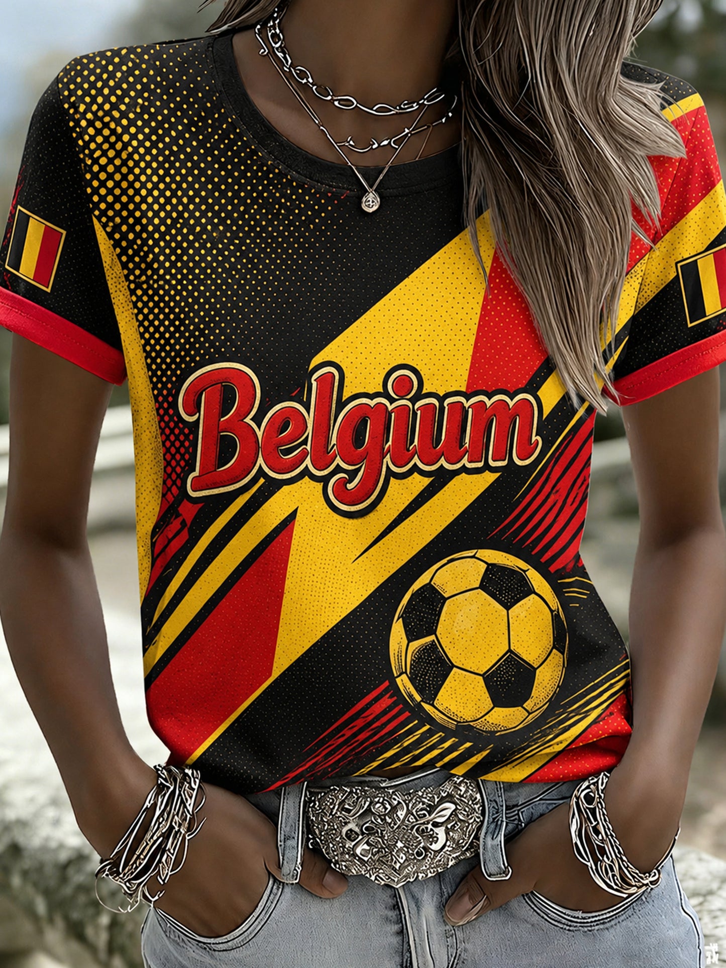 T-shirt imprimé artistique pour femmes sur le thème du football belge