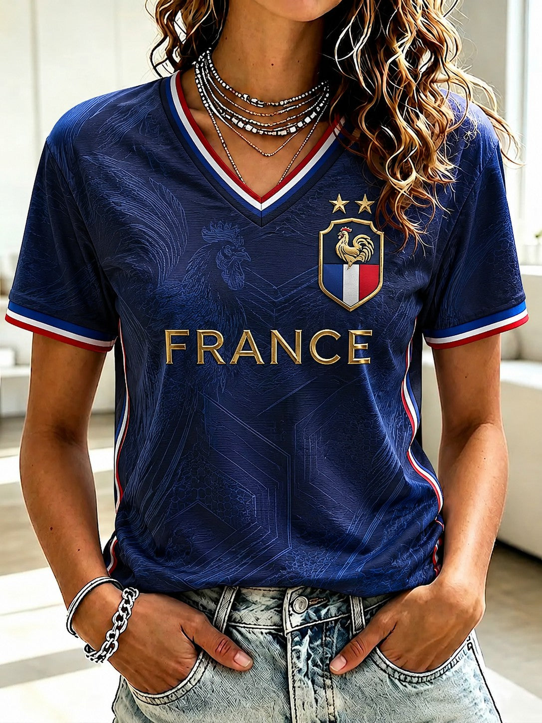 T-shirt à col en V imprimé France Football pour femme
