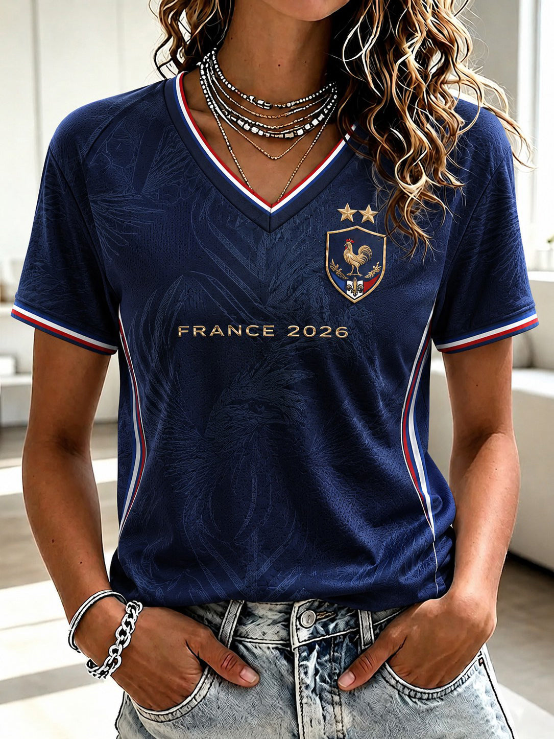 T-shirt à col en V imprimé France Football pour femme