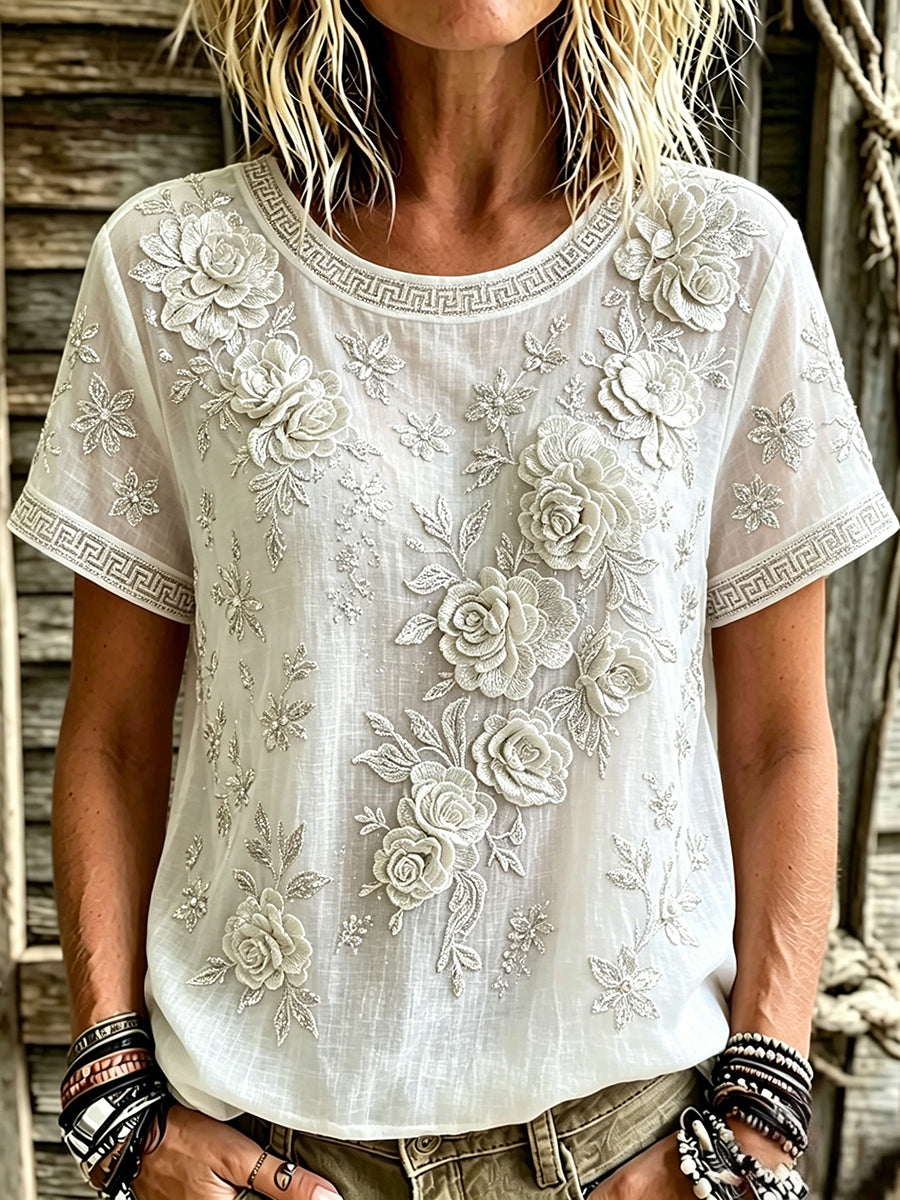T-shirt à manches courtes en lin imprimé floral blanc chic pour femme