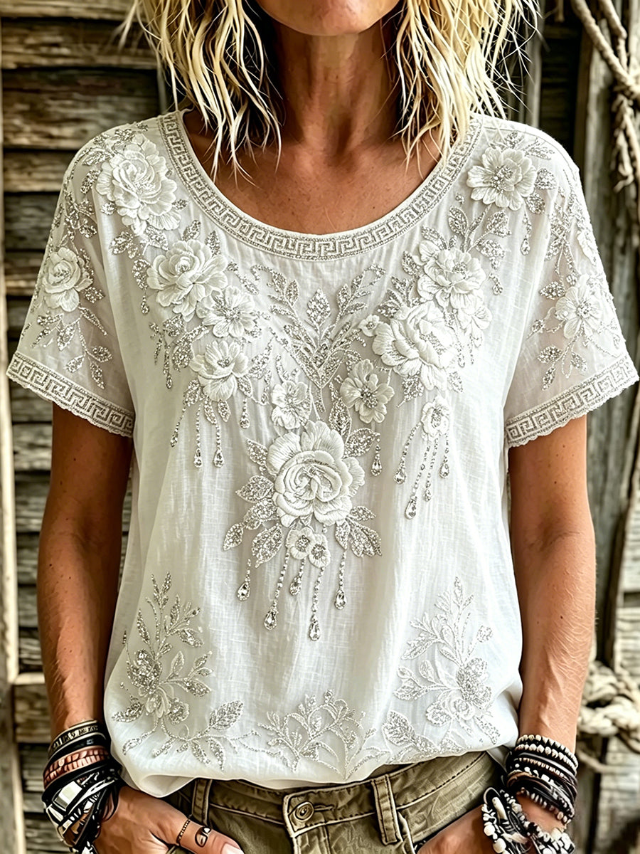 T-shirt à manches courtes en lin imprimé floral blanc vintage femme